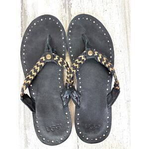 UGG Women’s 7 Black Tan Leather Braided Slip On Flip Flop Sandal Summer Beach